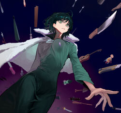 Rule 34 | 1boy, 1girl, breasts, broom, closed mouth, dark green hair, dress, fork, fubuki (one-punch man), green dress, green eyes, guitar, highres, instrument, jewelry, knife, large breasts, long dress, necklace, object request, one-punch man, pearl necklace, rocket, saitama (one-punch man), screwdriver, solo focus, some1else45, sword, tools, umbrella, utility knife, weapon