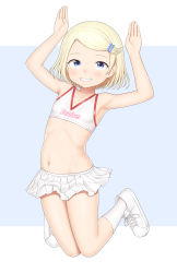 Rule 34 | 1girl, absurdres, blonde hair, blush, cheerleader, commentary request, crop top, grey eyes, hair ornament, hairclip, highres, letterboxed, looking at viewer, medium hair, midriff, navel, original, outside border, rabbit pose, sc naru, shirt, shoes, smile, sneakers, socks, solo, stomach, two-tone background, white footwear, white shirt, white socks