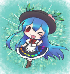 Rule 34 | &gt; o, 1girl, :3, absurdres, black hat, blue hair, blue skirt, blush, boots, bow, bowtie, brown footwear, buttons, commentary, commission, commissioner upload, frilled skirt, frills, fruit hat ornament, full body, gradient eyes, hair between eyes, hand up, hat, hat ornament, highres, hinanawi tenshi, long hair, multicolored eyes, one eye closed, open mouth, peach hat ornament, puffy short sleeves, puffy sleeves, rainbow order, red bow, red bowtie, red eyes, shirt, short sleeves, skeb commission, skirt, smile, solo, touhou, waving, white shirt, y ojisan