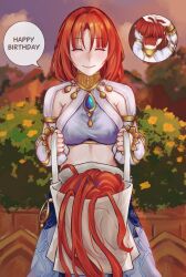 Rule 34 | 1girl, ^ ^, bag, blue skirt, breasts, brooch, closed eyes, commentary, commission, crop top, facing viewer, genshin impact, highres, holding, holding bag, jewelry, large breasts, midriff, neck ring, nilou (genshin impact), no headwear, outdoors, red hair, rurui134, skirt, solo, speech bubble
