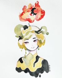 Rule 34 | 1girl, blonde hair, crescent moon, cropped torso, facing viewer, fire, highres, limited palette, looking away, maruti bitamin, moon, original, painting (medium), short hair, simple background, solo, traditional media, watercolor (medium), white background