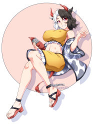 Rule 34 | 1girl, animal ears, animal print, bare shoulders, black hair, breasts, chain, circle, commentary request, covered erect nipples, cow ears, cow horns, cow print, cow tail, crop top, drop shadow, frills, full body, grin, groin, hair between eyes, haori, head tilt, holding, horns, japanese clothes, large breasts, long sleeves, looking at viewer, midriff, multicolored hair, navel, off shoulder, ootsuki wataru, pink eyes, red footwear, sandals, short hair, shorts, silver hair, simple background, sitting, smile, solo, split-color hair, sports bra, stomach, tail, touhou, two-tone hair, ushizaki urumi, white background, wide sleeves, yellow shorts