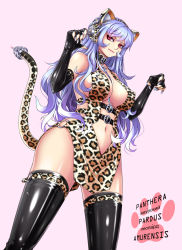 Rule 34 | 1girl, animal ear headphones, animal ears, animal print, black footwear, black gloves, black thighhighs, blue hair, boots, breasts, cat ear headphones, claws, cleavage, collar, cross, cyrillic, dress, elbow gloves, fake animal ears, gloves, headphones, highres, large breasts, latin text, long hair, mc-4, navel, original, red eyes, russian text, short dress, simple background, smile, solo, tail, thigh boots, thighhighs, thighs