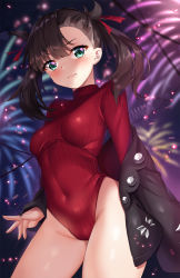Rule 34 | 1girl, aerial fireworks, artist name, asymmetrical bangs, black hair, black jacket, black nails, blush, breasts, closed mouth, commentary request, covered navel, creatures (company), fireworks, game freak, green eyes, groin, hair ribbon, heattech leotard, highres, jacket, leotard, long hair, looking at viewer, marnie (pokemon), nail polish, night, night sky, nintendo, off shoulder, open clothes, open jacket, pokemon, pokemon swsh, red leotard, red ribbon, red sweater, ribbed leotard, ribbon, sky, small breasts, solo, squchan, sweater, turtleneck, twintails, watermark, wavy mouth, web address