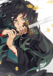 Rule 34 | 1boy, black hair, blood, blood on face, doran (doran7280), expressionless, green eyes, highres, holding, holding sword, holding weapon, kimetsu no yaiba, leaf, looking at viewer, male focus, solo, sword, tokitou muichirou, weapon