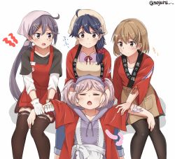 Rule 34 | 4girls, = =, ahoge, akebono (kancolle), alternate costume, anger vein, apron, bad id, bad twitter id, bandaid, bandaid on face, black legwear, black shirt, braid, brown eyes, brown skirt, closed eyes, closed mouth, clothes writing, commentary request, crab, denim, gloves, hair between eyes, hair bobbles, hair ornament, hair over shoulder, hairband, hairclip, happi, head scarf, holding, holding another&#039;s arm, hood, hoodie, jacket, japanese clothes, jeans, kantai collection, light brown hair, long sleeves, meguru (megurunn), multiple girls, oboro (kancolle), open mouth, pants, pantyhose, pink hair, pink shirt, ponytail, purple eyes, purple hairband, purple jacket, rabbit, red ribbon, ribbon, sazanami (kancolle), shirt, short hair, simple background, single braid, skirt, thighhighs, twintails, twitter username, ushio (kancolle), white background, white gloves, white shirt