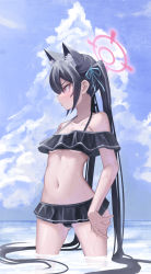 Rule 34 | 1girl, animal ear fluff, animal ears, bare shoulders, bikini, black bikini, black hair, blue archive, breasts, cloud, collarbone, frilled bikini, frills, from side, frown, hair ribbon, halo, highres, long hair, looking at viewer, looking away, midriff, navel, off-shoulder bikini, off shoulder, ribbon, serika (blue archive), serika (swimsuit) (blue archive), small breasts, solo, standing, stomach, string bikini, swimsuit, thighs, twintails, very long hair, wading, water, yako mashiro