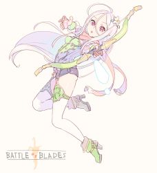 Rule 34 | 1girl, :o, absurdres, ahoge, aiming, aiming at viewer, ankle boots, battle of blades, boots, bow (weapon), breasts, commentary request, copyright name, enkyo yuuichirou, flower, foreshortening, full body, green vest, hair between eyes, hair flower, hair ornament, high heel boots, high heels, highres, holding, holding bow (weapon), holding weapon, incoming attack, jumping, long hair, looking at viewer, panties, parted lips, pink background, pink eyes, pink hair, pointy ears, scarf, simple background, small breasts, solo, underwear, very long hair, vest, weapon
