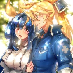 Rule 34 | 1boy, 1girl, blonde hair, blue eyes, blue hair, bow, breasts, couple, dizzy (guilty gear), closed eyes, guilty gear, guilty gear xrd, hair rings, husband and wife, kin mokusei, ky kiske, large breasts, long hair, ponytail, red eyes, ribbon, shirt, smile, tail, tail bow, tail ornament, tail ribbon, very long hair