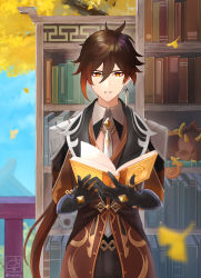 Rule 34 | 1boy, black gloves, book, bookshelf, brown hair, collared shirt, commentary request, earrings, eyeliner, falling leaves, formal, genshin impact, ginkgo leaf, gloves, gradient hair, hair between eyes, highres, holding, holding book, jacket, jewelry, leaf, long hair, long sleeves, looking at viewer, makeup, male focus, multicolored hair, necktie, open book, open mouth, orange hair, ponytail, resolution mismatch, rex lapis (genshin impact), shirt, sigggrain, single earring, solo, source larger, suit, tassel, tassel earrings, thumb ring, white necktie, yellow eyes, zhongli (genshin impact)
