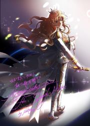 Rule 34 | artist name, blue eyes, boots, character name, from side, high heel boots, high heels, highres, holding, holding microphone, jacket, light particles, long hair, looking at viewer, macross, macross frontier, microphone, northern cross (onehumbert), pants, sheryl nome, skirt, smile, tiara, walking, white footwear, white jacket, white pants, white skirt
