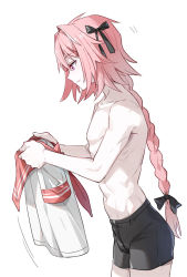 Rule 34 | 1boy, astolfo (fate), astolfo (sailor paladin) (fate), bishounen, black bow, bow, braid, commentary request, cowboy shot, fang, fate (series), from side, hair bow, hair intakes, holding, holding clothes, holding shirt, leopardtiger, long braid, long hair, male focus, no pants, pale skin, pink hair, shirt, short shorts, shorts, simple background, single braid, skin fang, solo, topless male, underwear, underwear only, white background, white shirt