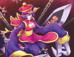 Rule 34 | 1girl, blue skin, blush, breasts, capcom, china dress, chinese clothes, claws, cleavage, cleavage cutout, clothing cutout, colored skin, dress, female focus, gradient background, jiangshi, lei lei, purple hair, short hair, solo, toshi, vampire (game), weapon