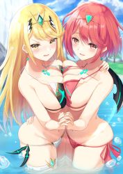 Rule 34 | 2girls, bikini, blonde hair, blush, breast press, breasts, cleavage, crying, embarrassed, highres, hip focus, holding hands, huge breasts, igayan, large breasts, multiple girls, mythra (xenoblade), nintendo, orange eyes, panties, partially submerged, pyra (xenoblade), red eyes, red hair, side-tie bikini bottom, swimsuit, symmetrical docking, tears, thighs, tiara, underwear, water, xenoblade chronicles (series), xenoblade chronicles 2, yellow eyes