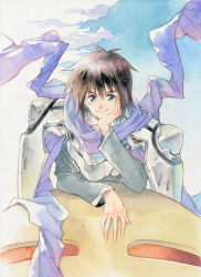 Rule 34 | 1boy, agahari, black hair, blue eyes, character request, closed mouth, commentary request, highres, houshin engi, long sleeves, looking at viewer, male focus, purple scarf, scarf, short hair, smile, solo, traditional media