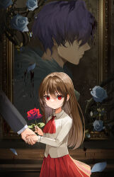 Rule 34 | 1boy, 1girl, absurdres, ascot, brown hair, collared shirt, falling petals, flower, frown, fur trim, garry (ib), hair over eyes, highres, holding, holding flower, holding hands, ib (ib), ib (kouri), long hair, long sleeves, looking at viewer, painting (object), petals, picture frame, pleated skirt, profile, purple hair, red eyes, rjh5820, rose, shirt, short hair, skirt, very long hair