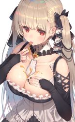 Rule 34 | 1girl, absurdres, arm warmers, azur lane, between breasts, black nails, bow, breasts, cleavage, collarbone, cowboy shot, detached collar, dress, formidable (azur lane), frilled dress, frills, hair bow, hand on own chest, highres, honey, large breasts, long hair, looking at viewer, nail polish, rangen, red eyes, silver hair, simple background, solo, suggestive fluid, tongue, tongue out, twintails, white background