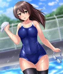 Rule 34 | 1girl, alternate costume, black thighhighs, blue sky, blue one-piece swimsuit, blurry, blurry background, breasts, brown eyes, brown hair, chain-link fence, collarbone, commentary request, competition school swimsuit, covered navel, cowboy shot, day, fence, goggles, unworn goggles, hair down, kaga (kancolle), kantai collection, long hair, medium breasts, one-piece swimsuit, outdoors, poolside, school swimsuit, sky, solo, swim cap, unworn swim cap, swimsuit, thighhighs, wet, zanntetu