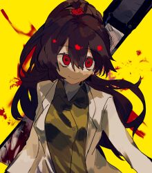 Rule 34 | 1girl, blood, boxcutter, breasts, brown hair, carmen (project moon), closed mouth, coat, collared shirt, green shirt, he (minty), high ponytail, highres, lobotomy corporation, long hair, long sleeves, medium breasts, project moon, red eyes, shirt, sidelocks, simple background, smile, solo, very long hair, white coat, yellow background