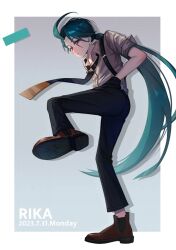 Rule 34 | 1girl, ahoge, black necktie, black pants, border, bright pupils, brown footwear, character name, closed mouth, collared shirt, commentary request, creatures (company), dated, full body, game freak, green hair, grey background, hand in pocket, highres, leg up, long hair, looking down, molingxiang chimangguo, necktie, nintendo, pants, pokemon, pokemon sv, ponytail, red eyes, rika (pokemon), shirt, shoes, sleeves rolled up, solo, suspenders, white border, white pupils