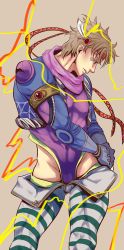 Rule 34 | 1boy, bad id, bad pixiv id, blonde hair, blue jacket, caesar anthonio zeppeli, cropped jacket, facial mark, feather hair ornament, feathers, hair ornament, headband, jacket, jojo no kimyou na bouken, leotard, male focus, n (ccc 7), official alternate costume, pants, simple background, solo, striped clothes, striped pants