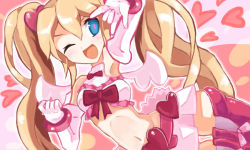 Rule 34 | 1girl, \m/, blonde hair, blush, boots, bow, bracelet, crop top, disgaea, disgaea d2, elbow gloves, flonne, gloves, heart, jewelry, midriff, miniskirt, multicolored eyes, one eye closed, open mouth, pink bow, pink footwear, pink theme, pure flonne, rushiya, seikan hikou, skirt, solo, thigh boots, thighhighs, twintails, wings, wink