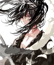 Rule 34 | 1boy, bad id, bad twitter id, black eyes, black hair, blade, closed mouth, collarbone, daenarys, dororo (tezuka), hyakkimaru (dororo), japanese clothes, male focus, simple background, solo, torn clothes, upper body, weapon, white background