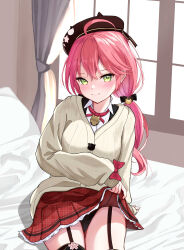 1girl absurdres ahoge bed_sheet bell black_panties blush bow bowtie breasts cardigan closed_mouth clothes_lift collared_shirt curtains garter_straps green_eyes hair_between_eyes hair_ornament hairclip hand_on_floor hand_rest highres hololive indoors lifting_own_clothes long_hair long_sleeves looking_at_viewer medium_breasts neck_bell official_alternate_costume oniku_(o29sukizero) panties pillow pink_hair plaid_clothes plaid_skirt presenting red_bow red_bowtie red_skirt sakura_miko sakura_miko_(casual) seductive_smile shirt sitting skirt skirt_lift smile solo underwear virtual_youtuber white_shirt window yellow_cardigan