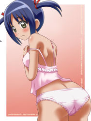 Rule 34 | 00s, 1girl, ass, awa, back, blue hair, blush, brown eyes, camisole, hair ribbon, hayate no gotoku!, lace, lace-trimmed panties, lace trim, leaning forward, lingerie, looking back, nishizawa ayumu, panties, pink panties, ribbon, short twintails, solo, standing, strap slip, trefoil, twintails, underwear, underwear only