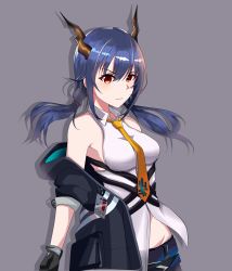 Rule 34 | 1girl, arknights, bare shoulders, black gloves, black jacket, blue hair, blush, breasts, ch&#039;en (arknights), commentary request, dragon horns, drop shadow, gloves, grey background, groin, hair between eyes, highres, horns, jacket, long hair, looking at viewer, low twintails, maxwelzy, medium breasts, necktie, off shoulder, open clothes, open jacket, red eyes, shirt, sidelocks, simple background, sleeveless, sleeveless shirt, solo, twintails, upper body, white shirt, wing collar, yellow necktie