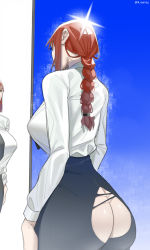 Rule 34 | 1girl, absurdres, ass, ass cutout, bad id, bad pixiv id, black necktie, black pants, braid, braided ponytail, butt crack, chainsaw man, clothing cutout, collared shirt, formal, highres, long hair, long sleeves, makima (chainsaw man), mirror, necktie, pants, red hair, shirt, simple background, solo, suit, torn clothes, torn pants, tttinkaaaaa, unluckytobii, white shirt