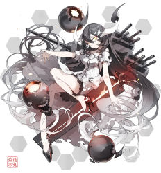 Rule 34 | 10s, 1girl, abyssal ship, anchorage water oni, bare shoulders, black hair, colored skin, dress, gradient hair, horns, kantai collection, long hair, machinery, multicolored hair, nine (liuyuhao1992), orange eyes, overskirt, pale skin, red eyes, revision, solo, very long hair, white dress, white hair, white skin