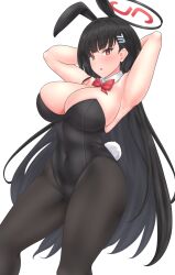 Rule 34 | 1girl, absurdres, animal ears, arms behind head, bare shoulders, black hair, black halo, black leotard, black pantyhose, blue archive, bow, bowtie, breasts, bright pupils, cleavage, covered navel, detached collar, feet out of frame, hair ornament, hairclip, halo, hiballista, highres, large breasts, leotard, pantyhose, playboy bunny, rabbit ears, rabbit tail, red bow, red bowtie, red eyes, rio (blue archive), simple background, solo, strapless, strapless leotard, tail, white background, white pupils, wrist cuffs
