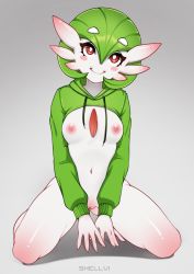 Rule 34 | blush, breasts, clothes lift, colored skin, creatures (company), game freak, gardevoir, gen 3 pokemon, green hoodie, highres, hood, hoodie, hoodie lift, humanization, looking at viewer, nintendo, nipples, no panties, no pants, pokemon, pokemon (creature), pussy, red eyes, shellvi, smile, spread legs, sweater, sweater lift, thighs, white skin