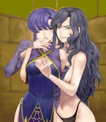 Rule 34 | 2girls, bare shoulders, black hair, blue eyes, blue hair, blush, grabbing another&#039;s breast, breasts, censored, cleavage, elbow gloves, evil, fire emblem, fire emblem: the blazing blade, from behind, gloves, grabbing, hug, hug from behind, lips, long hair, multiple girls, nintendo, nude, panties, purple eyes, purple hair, short hair, side slit, sonia (fire emblem: the blazing blade), topless, underwear, ursula (fire emblem), yellow eyes, yuri