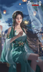 Rule 34 | 1girl, absurdres, artist request, baiguio (zhu xian), bare legs, braid, butterfly ornament, closed mouth, curtains, dress, facial mark, fireworks, forehead mark, green dress, hair ornament, hair ribbon, highres, holding, holding fireworks, jewelry, lantern, necklace, night, railing, realistic, ribbon, second-party source, sitting, smile, solo, tassel, upper body, zhu xian