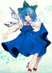 Rule 34 | 1girl, :d, absurdres, adapted costume, blue dress, blue hair, bow, cirno, clothes lift, commentary, daimaou ruaeru, dress, dress lift, english commentary, full body, green bow, hair between eyes, hair bow, head tilt, high heels, highres, ice, ice wings, lifted by self, looking at viewer, neck ribbon, open mouth, red bow, red ribbon, ribbon, short hair, smile, solo, sparkle, touhou, white background, white footwear, wing collar, wings