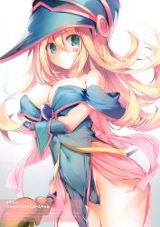 Rule 34 | 1girl, absurdres, bare shoulders, blonde hair, blue dress, blush stickers, breasts, cape, cleavage, covered navel, dark magician girl, dress, duel monster, gradient background, green eyes, hat, highres, holding, karory, long hair, looking at viewer, medium breasts, parted lips, pentacle, pink cape, scan, short dress, simple background, solo, strapless, strapless dress, wand, wizard hat, yu-gi-oh!