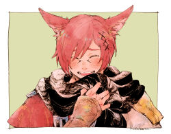 Rule 34 | 1boy, ^ ^, animal ears, black scarf, blush, cat ears, closed eyes, dated, facial mark, facing viewer, final fantasy, final fantasy xiv, g&#039;raha tia, green background, hair ornament, hand up, happy, hatching (texture), holding, holding clothes, holding scarf, itowo (itowc), male focus, miqo&#039;te, open mouth, outside border, portrait, red hair, scarf, short hair, signature, simple background, smile, solo, straight-on, swept bangs, white background, x hair ornament