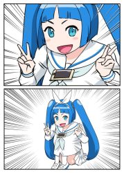 Rule 34 | 1girl, :d, blue eyes, blue hair, commentary request, emphasis lines, long hair, looking at viewer, nipako, open mouth, pleated skirt, school uniform, skirt, smile, solo, twintails, ueyama michirou, ultimate nipper, white skirt