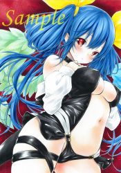 Rule 34 | 1girl, arim0k0, asymmetrical wings, black panties, blue hair, breasts, cleavage, closed mouth, covered erect nipples, cowboy shot, detached sleeves, dizzy (guilty gear), guilty gear, guilty gear x, guilty gear xrd, guilty gear xx, hair ribbon, hands on own chest, highres, large breasts, long hair, looking at viewer, navel, panties, red background, red eyes, ribbon, sample watermark, solo, standing, thighs, traditional media, twintails, underwear, watermark, wings, yellow ribbon