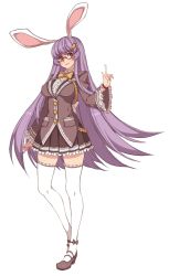 Rule 34 | 1girl, alternate costume, animal ears, bespectacled, bow, bowtie, breasts, carrot, glasses, hair ornament, high heels, kugi ta hori taira, large breasts, long hair, purple hair, rabbit ears, red eyes, reisen udongein inaba, simple background, skirt, smile, solo, thighhighs, touhou, very long hair, white background, white thighhighs
