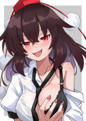 Rule 34 | 1girl, absurdres, black bra, black hair, bra, breasts, commentary, crossed bangs, grabbing own breast, grey background, hat, highres, large breasts, long hair, looking at viewer, medium hair, open mouth, pom pom (clothes), red eyes, red hat, red nails, shameimaru aya, short sleeves, simple background, smile, solo, symbol-only commentary, tokin hat, tongue, tongue out, touhou, underwear, upper body, yuuka (a0240765)