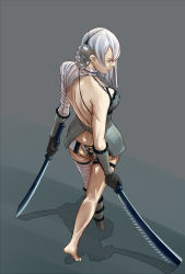 Rule 34 | 1girl, ajks, ass, asymmetrical hair, back, backless outfit, backless panties, bad id, bad pixiv id, bandages, bare back, barefoot, braid, butt crack, elbow gloves, from above, from behind, gloves, kaine (nier), lingerie, negligee, nier, nier (series), panties, silver hair, solo, sword, thigh strap, underwear, weapon, white panties
