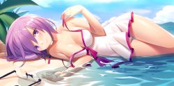 Rule 34 | 1girl, beach, bikini, blush, bow swimsuit, breasts, chiiio, cleavage, day, dress swimsuit, unworn eyewear, fate/grand order, fate (series), glasses, hair over one eye, looking at viewer, lying, mash kyrielight, mash kyrielight (swimsuit of perpetual summer), medium breasts, ocean, official alternate costume, on side, one-piece swimsuit, partially submerged, purple eyes, purple hair, rimless eyewear, short hair, smile, solo, swimsuit, thigh gap, undressing, white bikini