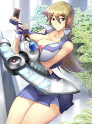 Rule 34 | 1girl, bare legs, blue gloves, blue skirt, breast pocket, breast press, breasts, brown eyes, brown hair, card, curvy, female focus, fingerless gloves, gloves, haganef, highres, holding, holding card, large breasts, legs, legs together, long hair, looking at viewer, nipples, pocket, school uniform, sitting, skirt, sleeveless, sleeveless jacket, smile, solo, tenjouin asuka, uncensored, vest, yu-gi-oh!, yu-gi-oh! gx