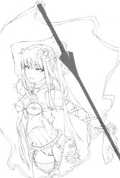 Rule 34 | 1girl, dress, fantasy, greyscale, holding, holding weapon, lance, long hair, looking at viewer, monochrome, ooji, original, polearm, simple background, solo, spear, weapon, white background