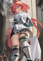Rule 34 | 1boy, 1girl, absurdres, animal ears, arknights, armored boots, belt, black skirt, blush, boots, breasts, bright pupils, brown eyes, cellphone, closed mouth, covering privates, covering crotch, embarrassed, flametail (arknights), gauntlets, highres, holding, holding phone, large breasts, long hair, long sleeves, miniskirt, phone, pleated skirt, red hair, renleiwanyier, skirt, smartphone, solo focus, squirrel ears, squirrel girl, squirrel tail, standing, tail, taking picture, thigh boots, thigh strap