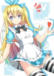 Rule 34 | 1girl, absurdres, alice (alice in wonderland), alice in wonderland, apron, blonde hair, blue dress, blue eyes, bow, bowtie, card, dress, frilled apron, frills, hair bow, highres, holding, holding card, shirayuki (snow link), short dress, side-tie peek, striped clothes, striped thighhighs, thighhighs