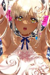 Rule 34 | 1girl, armpits, arms up, bare shoulders, blonde hair, blue ribbon, breasts, close-up, commentary, dark-skinned female, dark skin, dress, earrings, elbow gloves, eyelashes, fangs, female focus, gloves, hair ornament, highres, hololive, hololive english, jewelry, large breasts, long hair, looking at viewer, mamaloni, neck ribbon, open mouth, parted bangs, planet hair ornament, portrait, ribbon, shiny clothes, shiny skin, simple background, single earring, solo, sparkle, symbol-only commentary, tsukumo sana, tsukumo sana (1st costume), twintails, virtual youtuber, white background, white dress, white gloves, yellow eyes